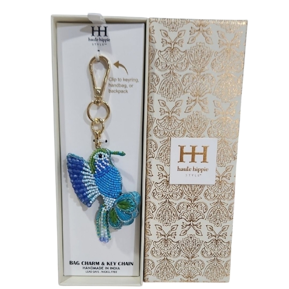 🦜▪️ Haute Hippie▪️ Blue and Green Beaded Humming Bird Bag Charm Or Keyring - Picture 3 of 5